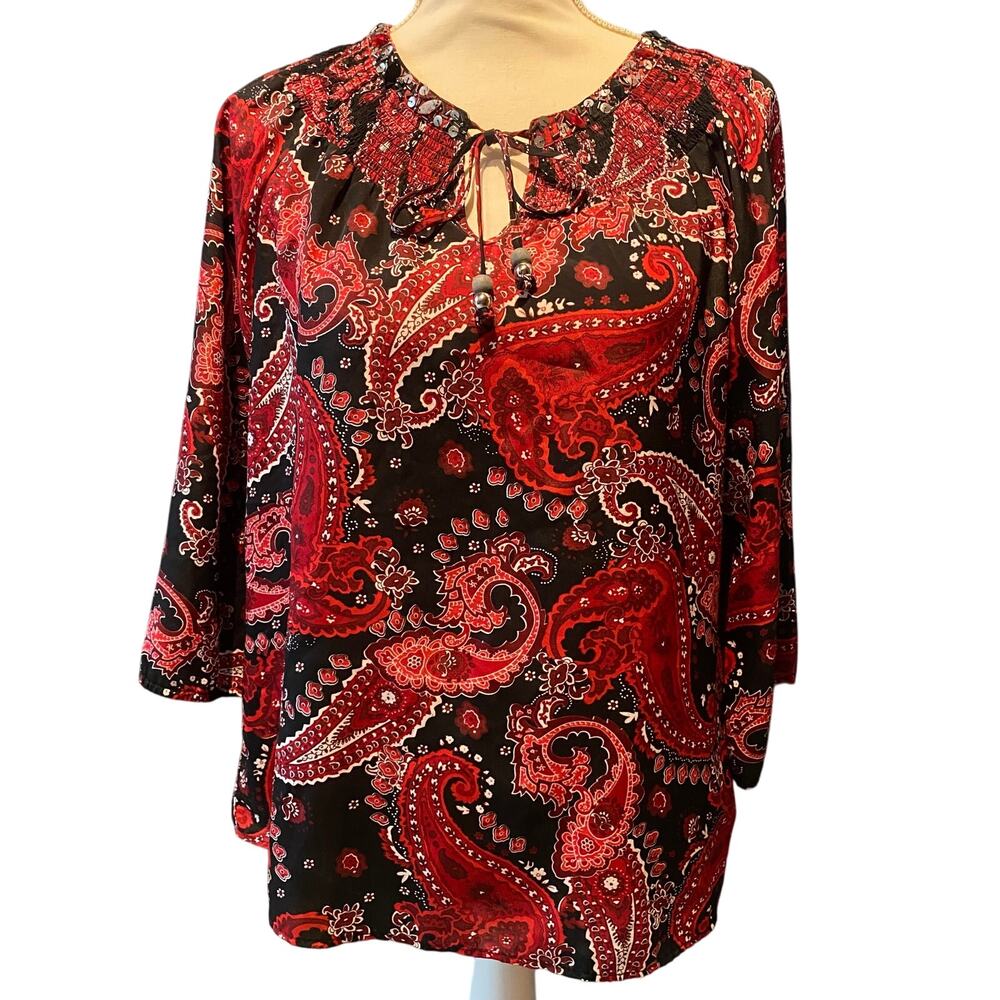 Dressbarn Size Medium Blouse Fairy Whimsigoth beaded smocked preppy office